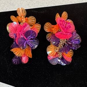 ZARA Tropical Sequin Flower Cluster Earrings in Pink, Orange & Purple